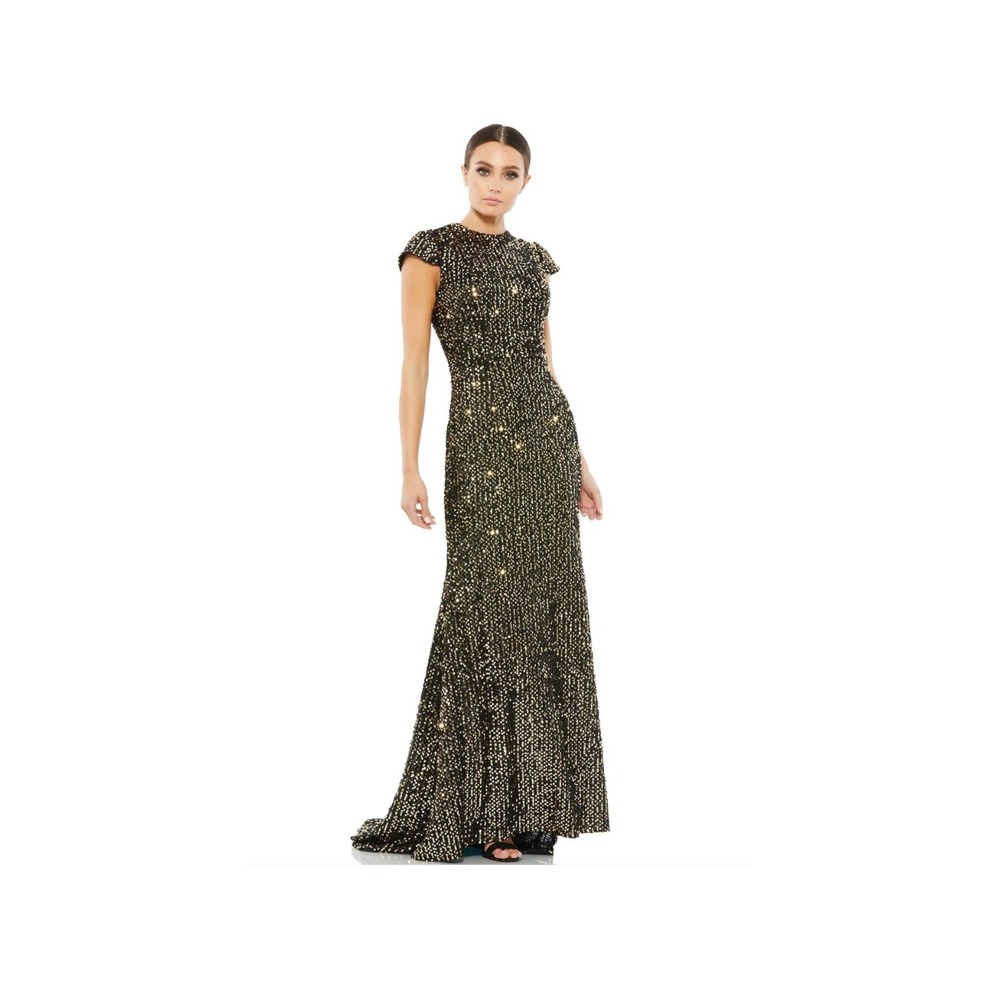 NWT IEENA for Mac Duggal 26647 Gown Womens 2 Black Gold Sequin Short Sleeve Maxi